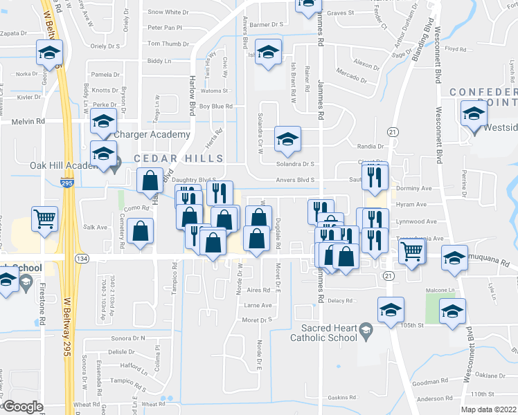 map of restaurants, bars, coffee shops, grocery stores, and more near 5120 Witby Avenue in Jacksonville