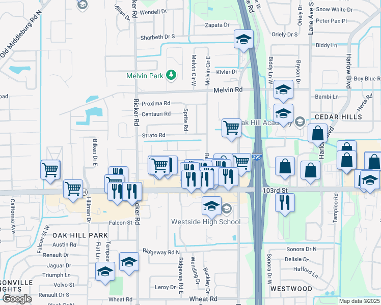 map of restaurants, bars, coffee shops, grocery stores, and more near 5202 La Ventura Drive East in Jacksonville
