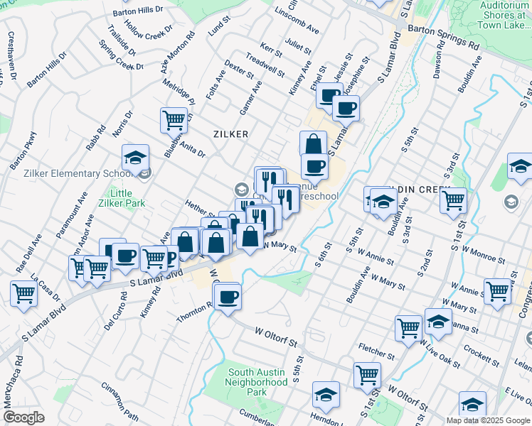 map of restaurants, bars, coffee shops, grocery stores, and more near 1422 Collier Street in Austin