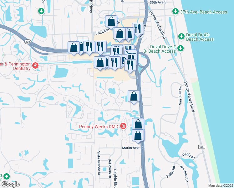 map of restaurants, bars, coffee shops, grocery stores, and more near 100 Lake Vista Dr in Ponte Vedra