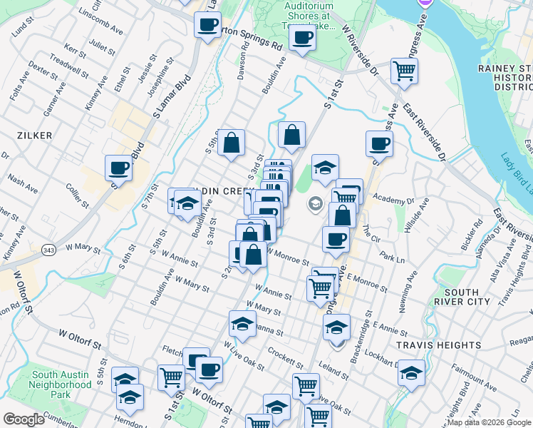 map of restaurants, bars, coffee shops, grocery stores, and more near 1310 South 1st Street in Austin