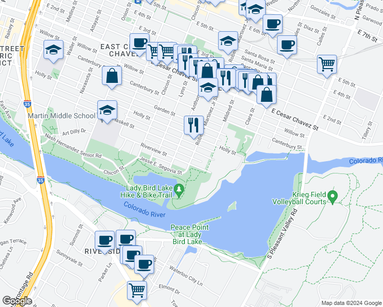 map of restaurants, bars, coffee shops, grocery stores, and more near 2115 Haskell Street in Austin