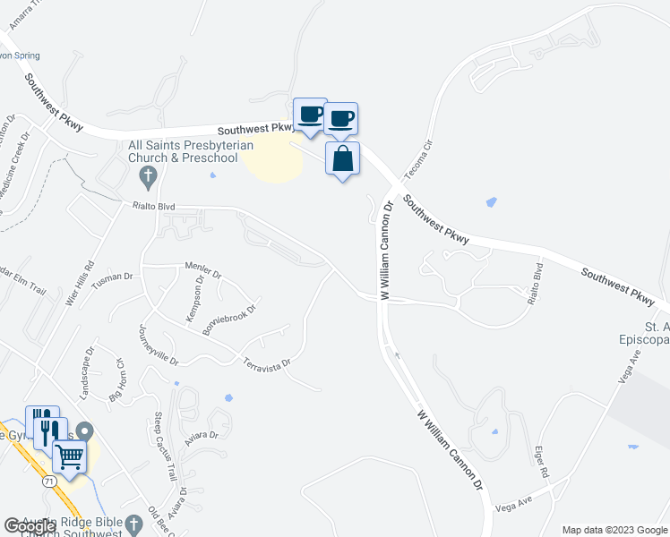 map of restaurants, bars, coffee shops, grocery stores, and more near Rialto Blvd & Terravista Dr in Austin