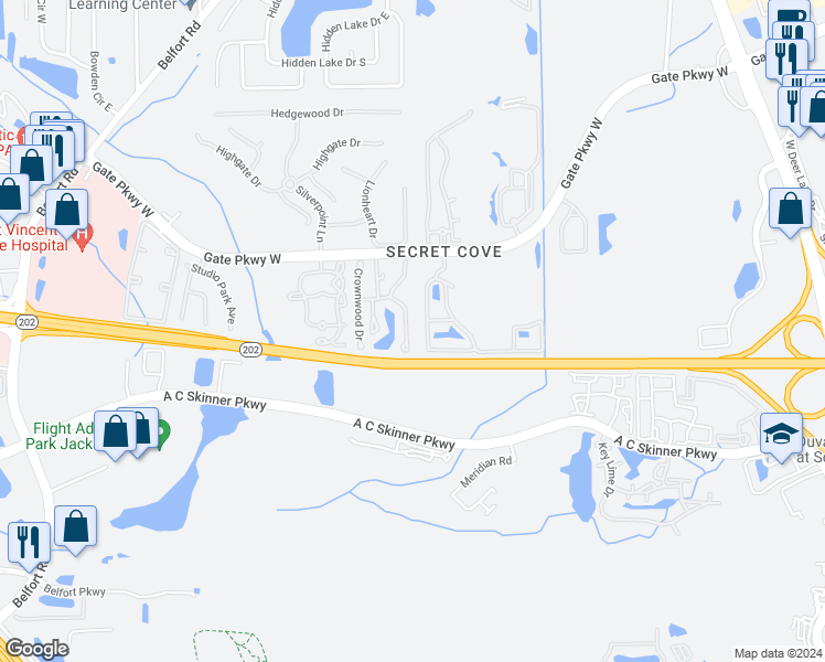 map of restaurants, bars, coffee shops, grocery stores, and more near 4239 Highwood Drive in Jacksonville