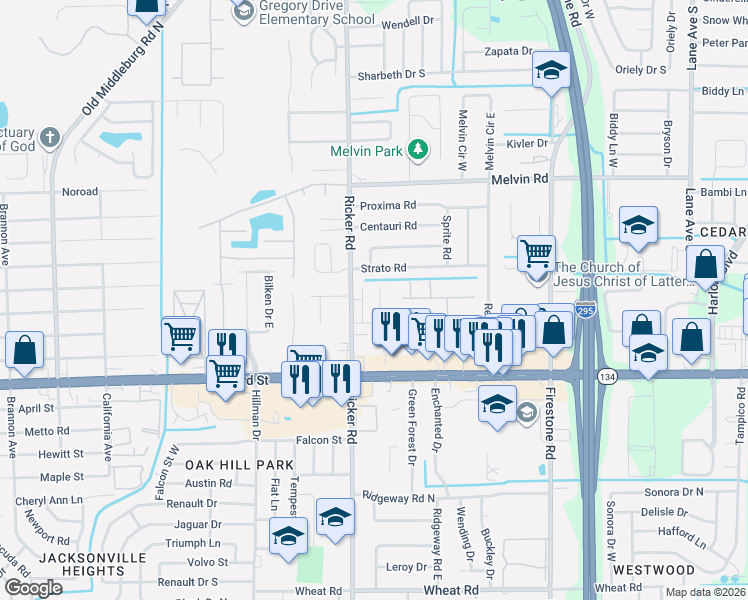 map of restaurants, bars, coffee shops, grocery stores, and more near 5135 Somerton Court in Jacksonville