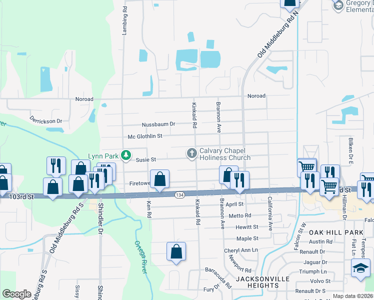map of restaurants, bars, coffee shops, grocery stores, and more near 8424 Susie Street in Jacksonville