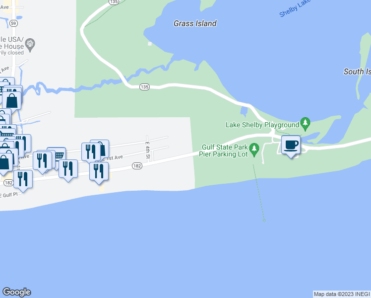 map of restaurants, bars, coffee shops, grocery stores, and more near 561 East Beach Boulevard in Gulf Shores