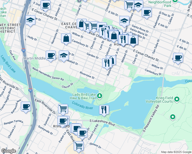 map of restaurants, bars, coffee shops, grocery stores, and more near 36A Anthony Street in Austin