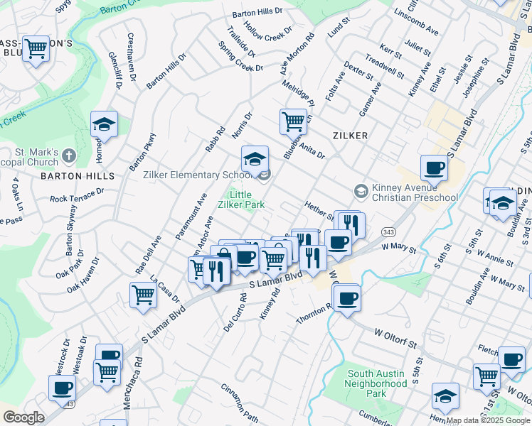 map of restaurants, bars, coffee shops, grocery stores, and more near 1906 Blue Crest Drive in Austin
