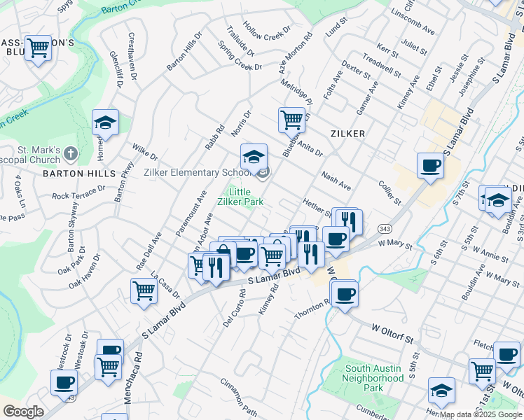 map of restaurants, bars, coffee shops, grocery stores, and more near 1906 Blue Crest Drive in Austin