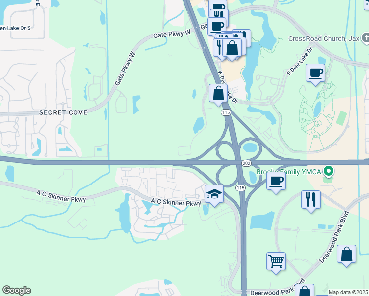 map of restaurants, bars, coffee shops, grocery stores, and more near Southside Boulevard in Jacksonville
