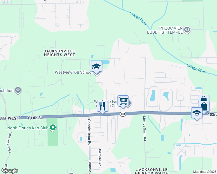map of restaurants, bars, coffee shops, grocery stores, and more near 5213 Brighton Park Lane in Jacksonville