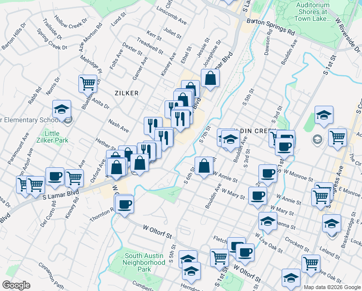map of restaurants, bars, coffee shops, grocery stores, and more near 1615 Evergreen Avenue in Austin