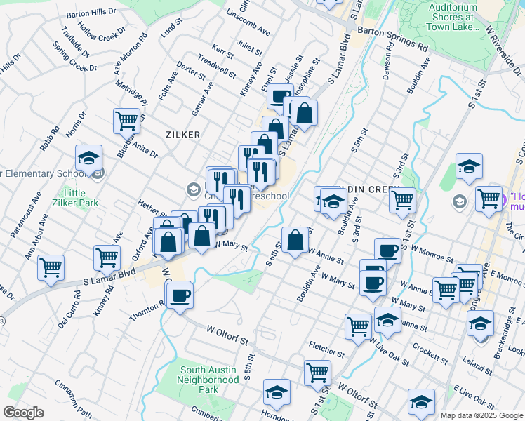 map of restaurants, bars, coffee shops, grocery stores, and more near 1515 South Lamar Boulevard in Austin