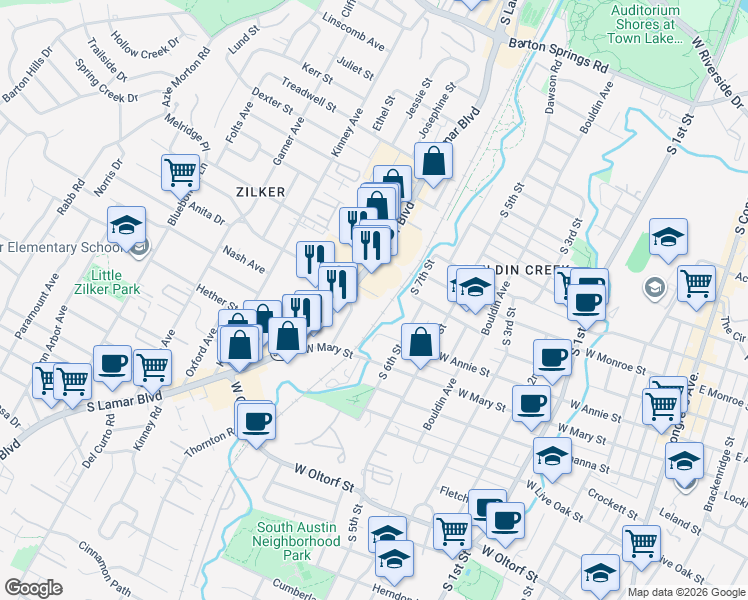 map of restaurants, bars, coffee shops, grocery stores, and more near 1615 Evergreen Avenue in Austin