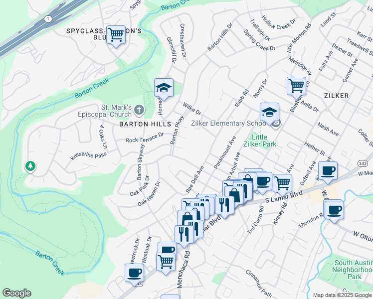map of restaurants, bars, coffee shops, grocery stores, and more near 2402 Arpdale Street in Austin