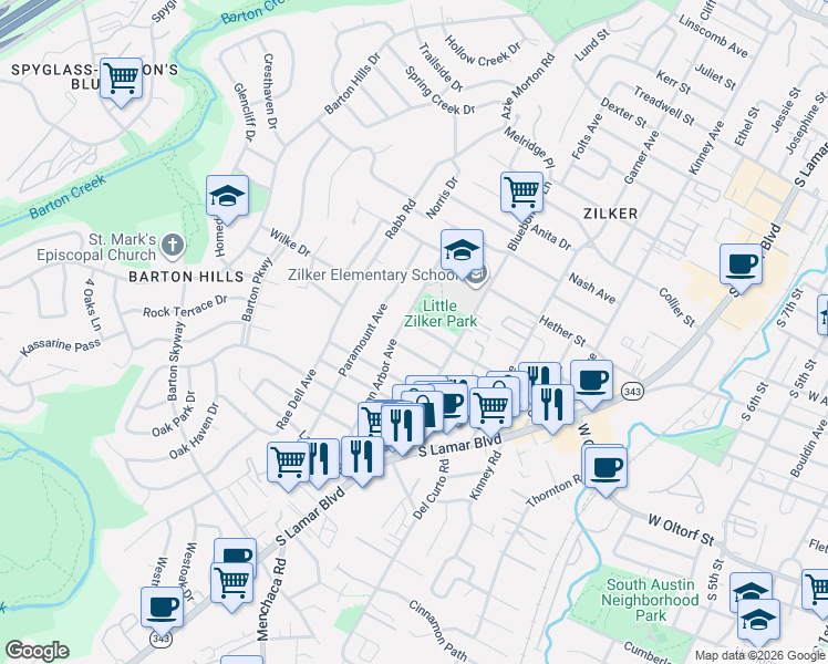 map of restaurants, bars, coffee shops, grocery stores, and more near 2006 Meadowridge Drive in Austin