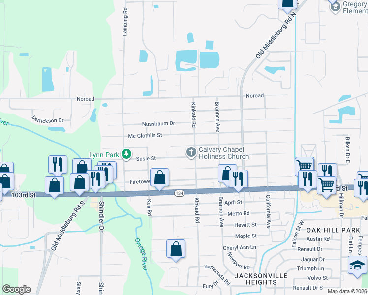 map of restaurants, bars, coffee shops, grocery stores, and more near 8424 Susie Street in Jacksonville