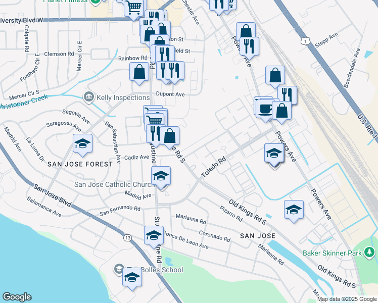 map of restaurants, bars, coffee shops, grocery stores, and more near 37 7061-5 Old Kings Ap in Jacksonville
