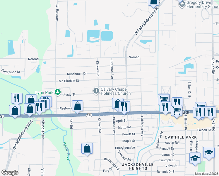 map of restaurants, bars, coffee shops, grocery stores, and more near 8338 Susie Street in Jacksonville
