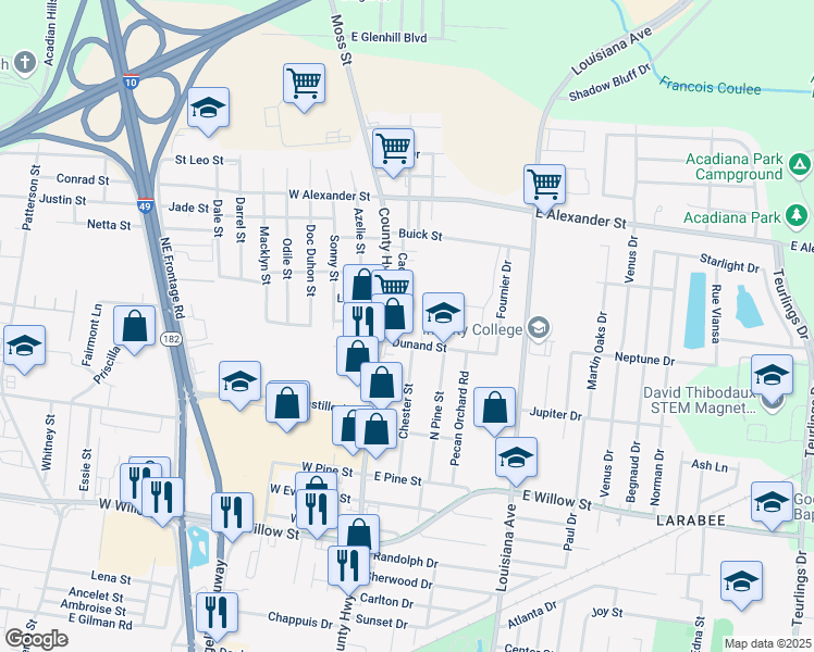 map of restaurants, bars, coffee shops, grocery stores, and more near 200-204 Dunand Street in Lafayette