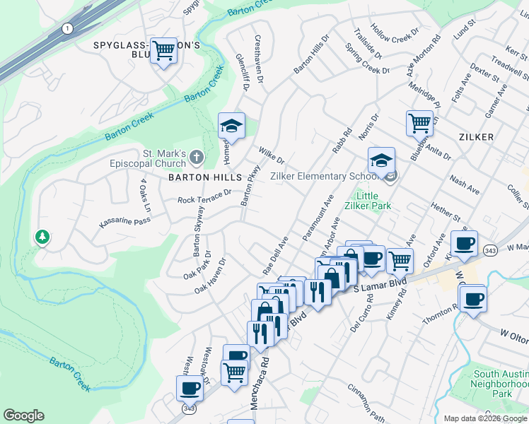 map of restaurants, bars, coffee shops, grocery stores, and more near 2402 Arpdale Street in Austin