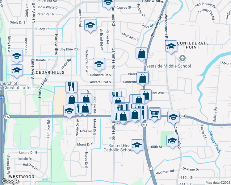 map of restaurants, bars, coffee shops, grocery stores, and more near 5029 Jammes Road in Jacksonville