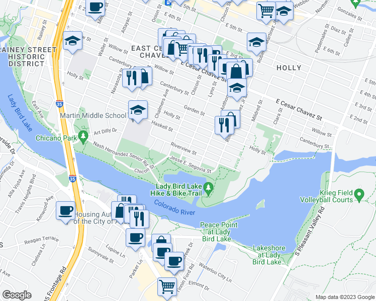 map of restaurants, bars, coffee shops, grocery stores, and more near Riverview Street in Austin