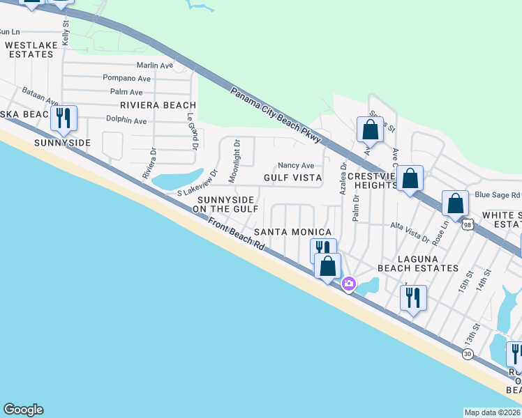 map of restaurants, bars, coffee shops, grocery stores, and more near 248 Belaire Drive in Panama City