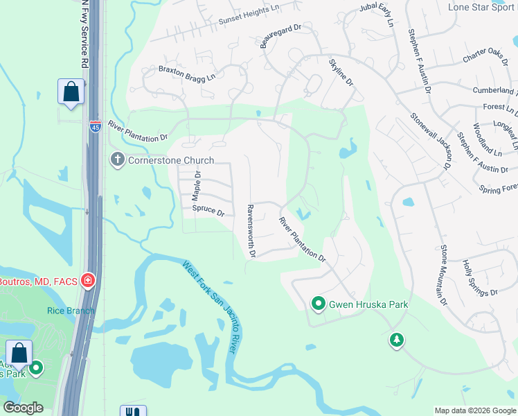 map of restaurants, bars, coffee shops, grocery stores, and more near 532 Bull Run Court in Conroe