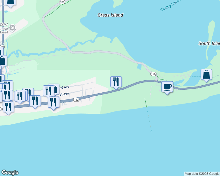 map of restaurants, bars, coffee shops, grocery stores, and more near 588 East Beach Boulevard in Gulf Shores