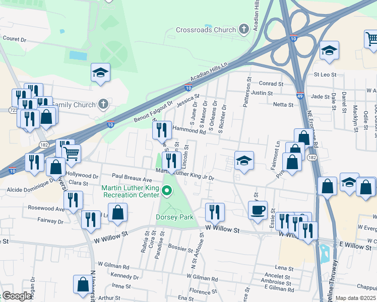 map of restaurants, bars, coffee shops, grocery stores, and more near 111 Lincoln Street in Lafayette