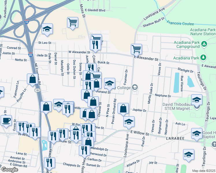 map of restaurants, bars, coffee shops, grocery stores, and more near 301 Dunand Street in Lafayette