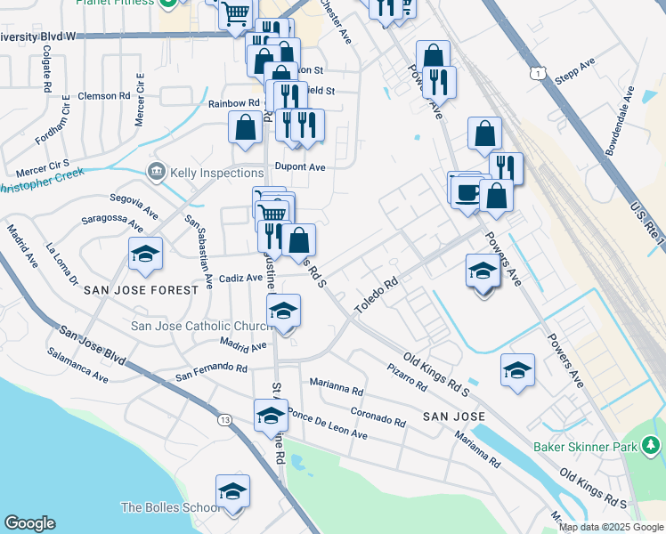 map of restaurants, bars, coffee shops, grocery stores, and more near 37 7061-5 Old Kings Ap in Jacksonville