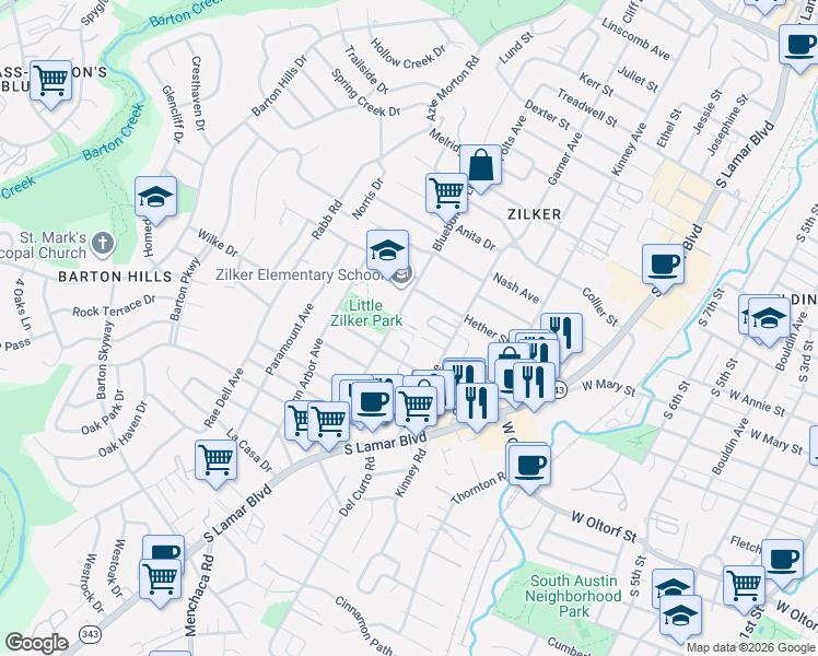 map of restaurants, bars, coffee shops, grocery stores, and more near 1907 Hether Street in Austin