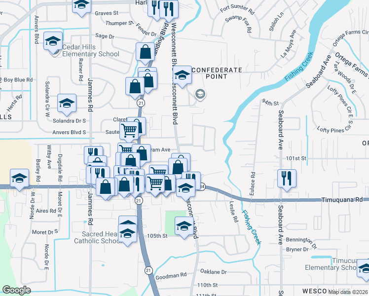 map of restaurants, bars, coffee shops, grocery stores, and more near 5985 Wesconnett Boulevard in Jacksonville
