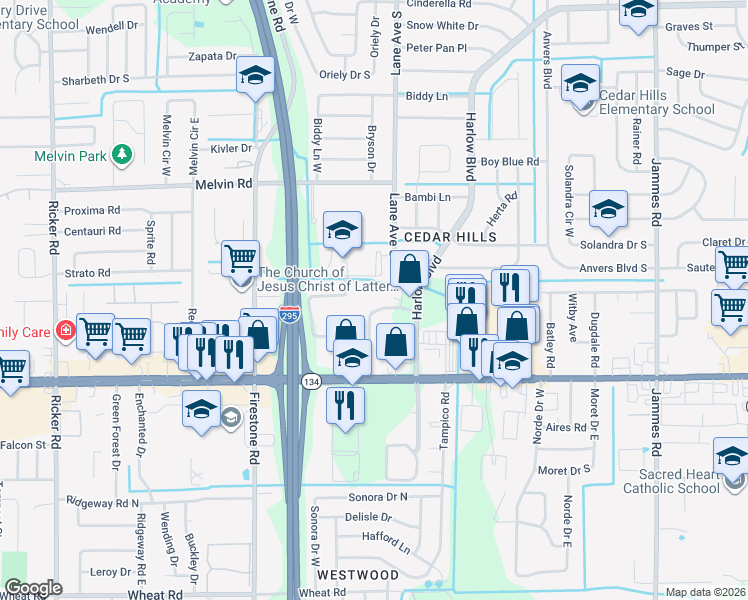 map of restaurants, bars, coffee shops, grocery stores, and more near 4932 Lane Avenue South in Jacksonville