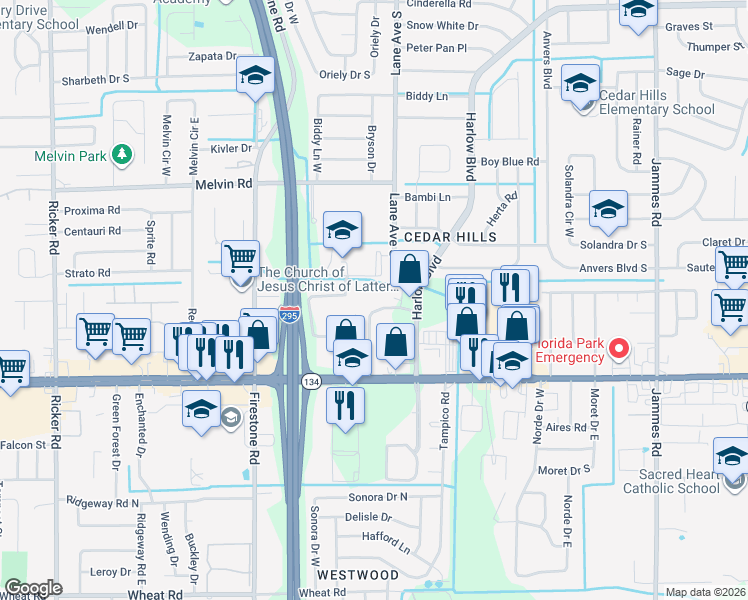 map of restaurants, bars, coffee shops, grocery stores, and more near 4932 Lane Avenue South in Jacksonville