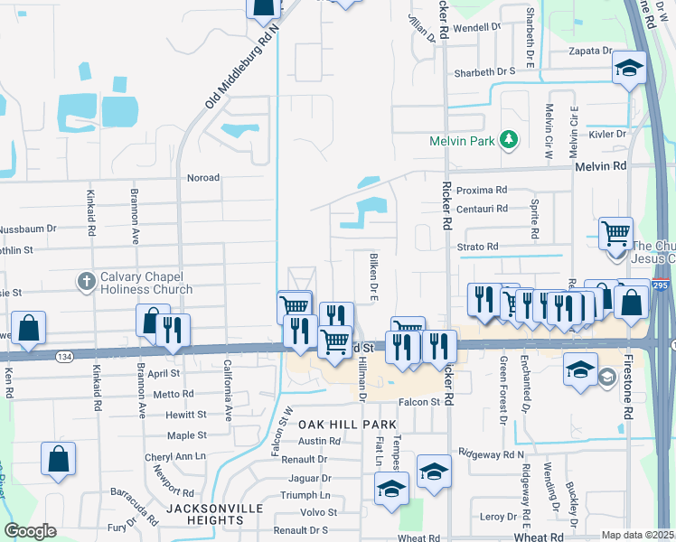 map of restaurants, bars, coffee shops, grocery stores, and more near 4827 Playpen Drive in Jacksonville