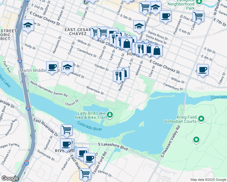 map of restaurants, bars, coffee shops, grocery stores, and more near 2105 Holly Street in Austin