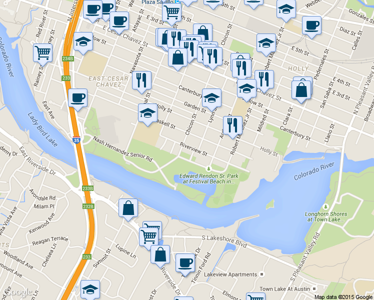 map of restaurants, bars, coffee shops, grocery stores, and more near in Austin