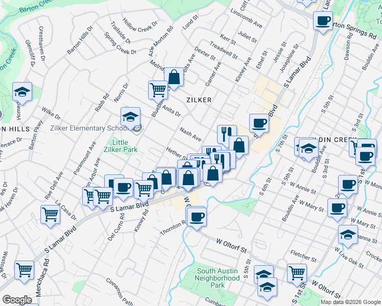 map of restaurants, bars, coffee shops, grocery stores, and more near 1700 Bauerle Avenue in Austin