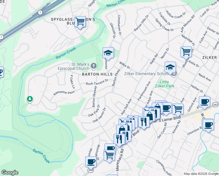 map of restaurants, bars, coffee shops, grocery stores, and more near 2505 Rock Terrace Drive in Austin