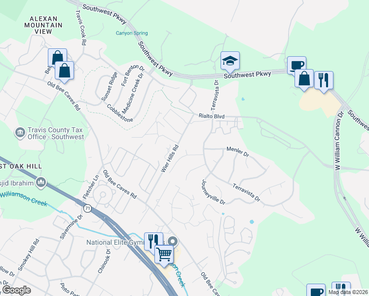 map of restaurants, bars, coffee shops, grocery stores, and more near 6315 Terravista Drive in Austin