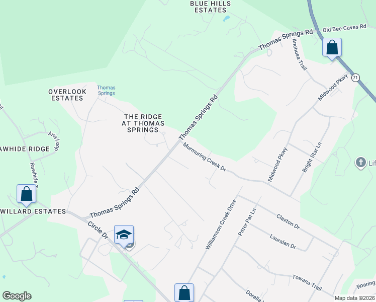 map of restaurants, bars, coffee shops, grocery stores, and more near 10104 Murmuring Creek Drive in Austin