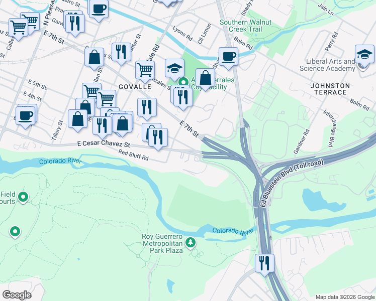 map of restaurants, bars, coffee shops, grocery stores, and more near 9978 East 5th Street in Austin