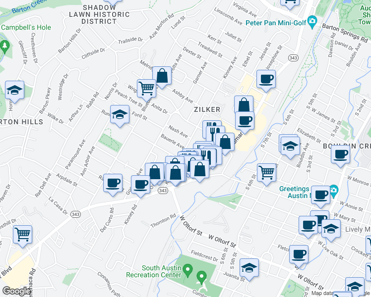 map of restaurants, bars, coffee shops, grocery stores, and more near Kinney Ave & Bauerle Ave in Austin