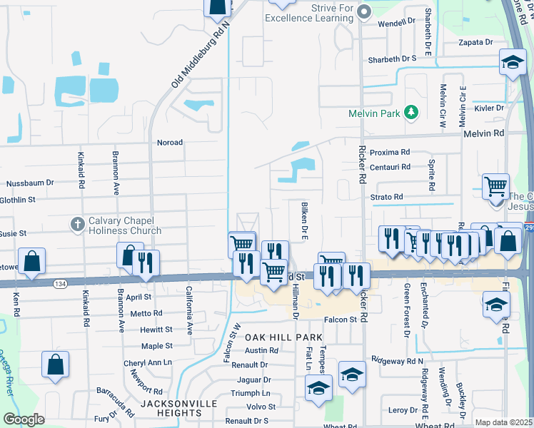 map of restaurants, bars, coffee shops, grocery stores, and more near 4827 Playpen Drive in Jacksonville