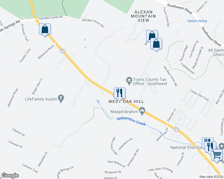 map of restaurants, bars, coffee shops, grocery stores, and more near 8750 Texas 71 in Austin