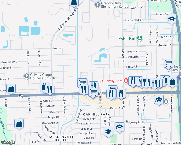 map of restaurants, bars, coffee shops, grocery stores, and more near 5050 Playpen Drive in Jacksonville